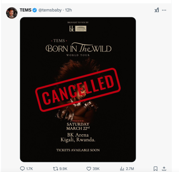 Nigerian Musician Tems Cancels Rwanda Music Concert Over Congo Conflict 